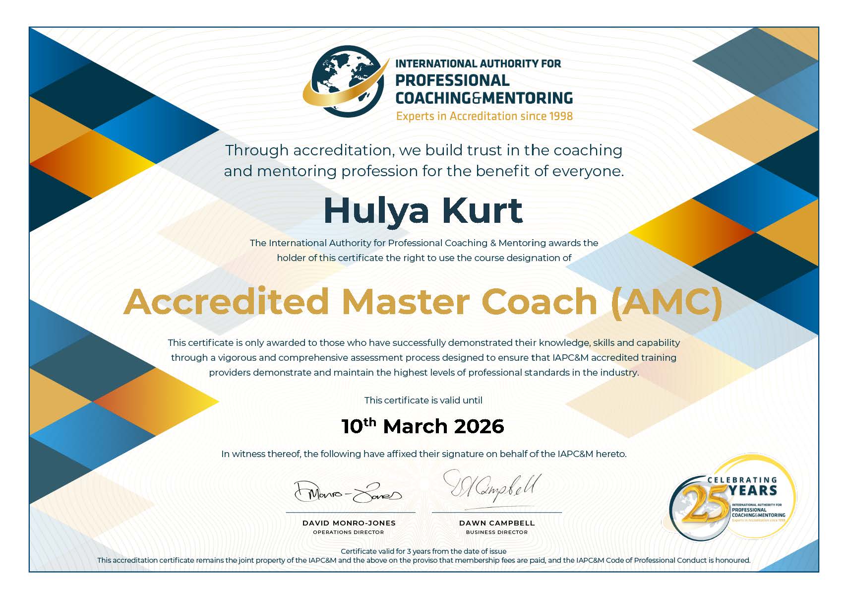 Hulya Kurt AMC cert to March 2026